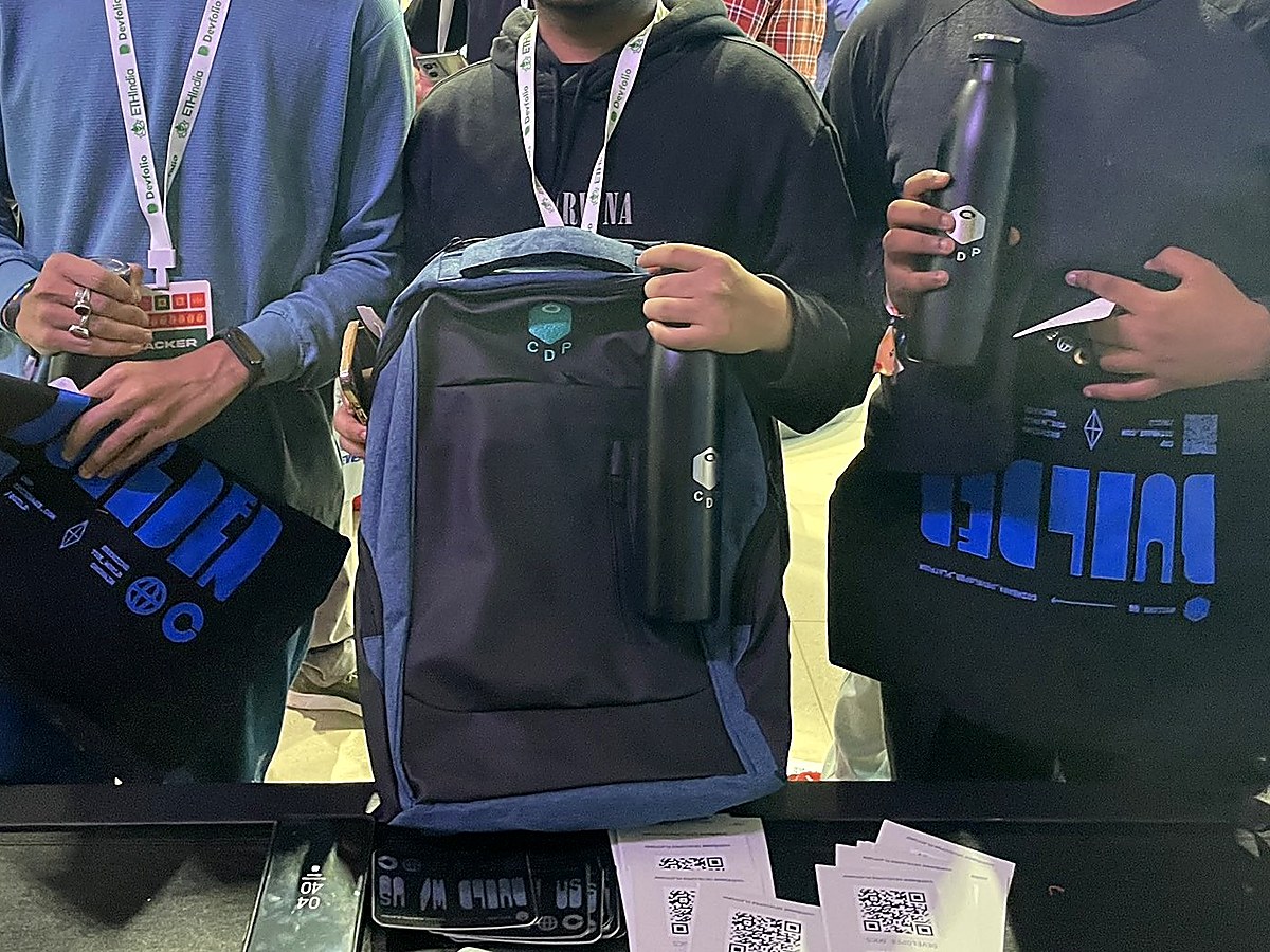 CDP backpack and merch at ETHIndia