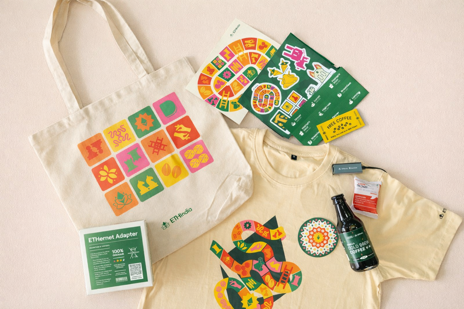 ETHIndia branded merch flat-lay